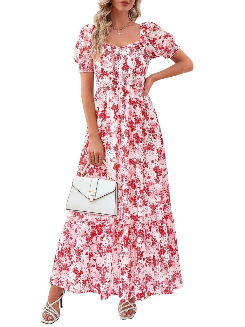 Women's Summer Floral Boho Eyelet Flowy Maxi Dresses